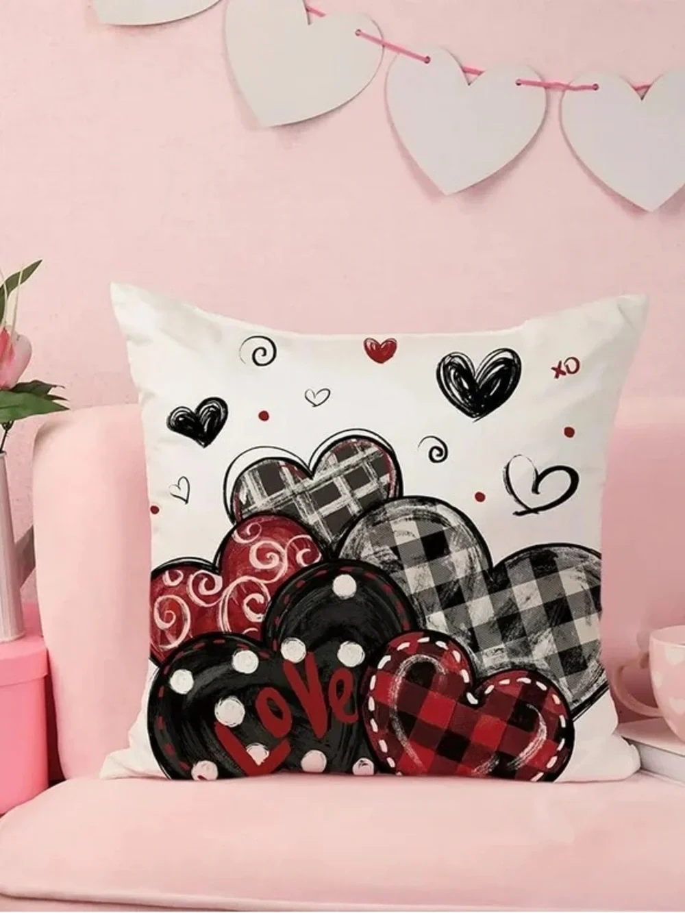 NWT! Set of 2 Hearts on Canvas Decorative Throw Pillow Covers- White, Red &Black
